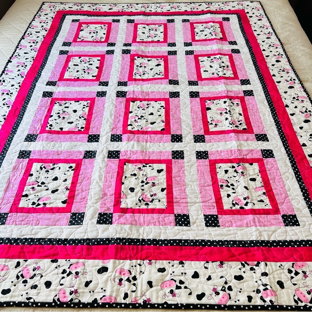 Happy Cows Handmade Quilt 46x62 Pink Black White Cotton Patchwork 🐮💗